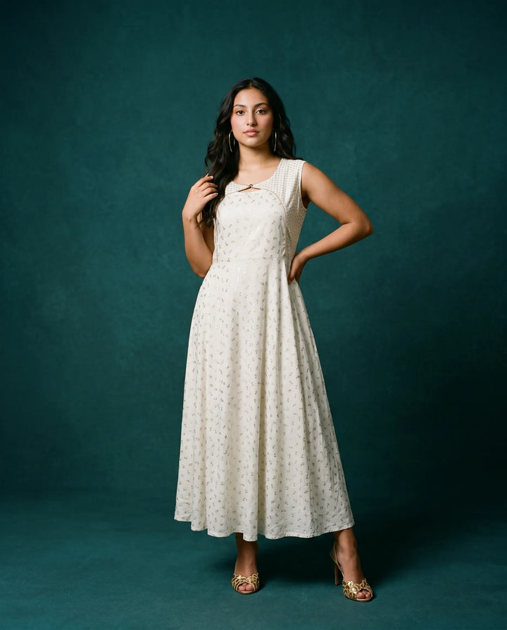 White Printed Rayon Sleeveless Maxi Dress