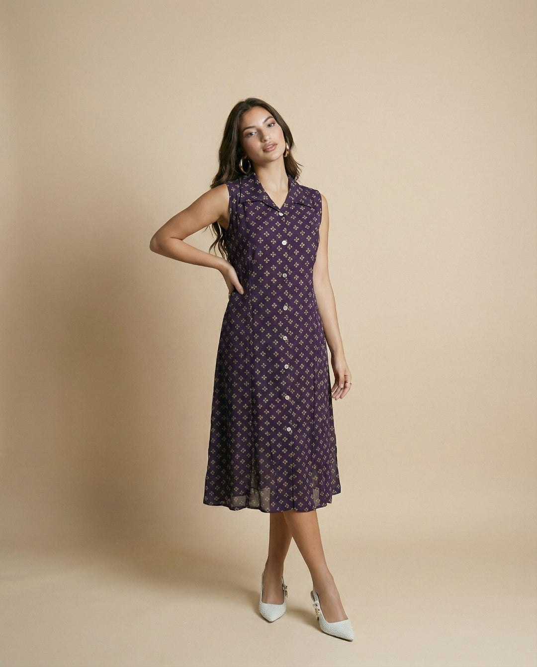 Purple Printed Viscose Blended Midi Dress