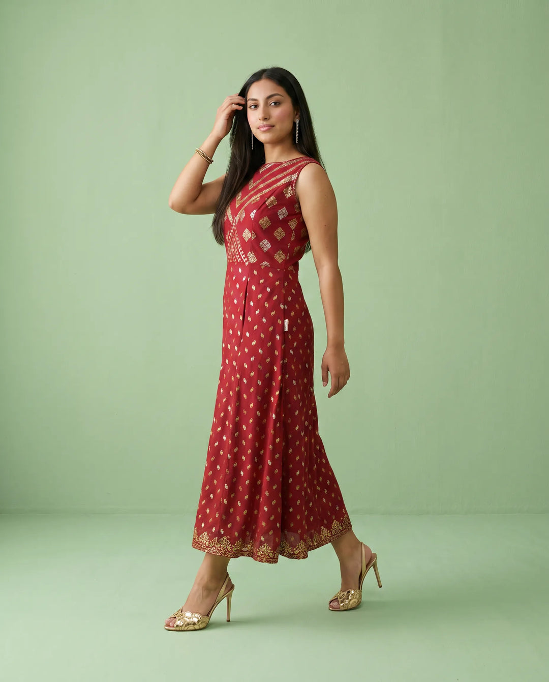 Maroon Printed Rayon Sleeveless Maxi Dress