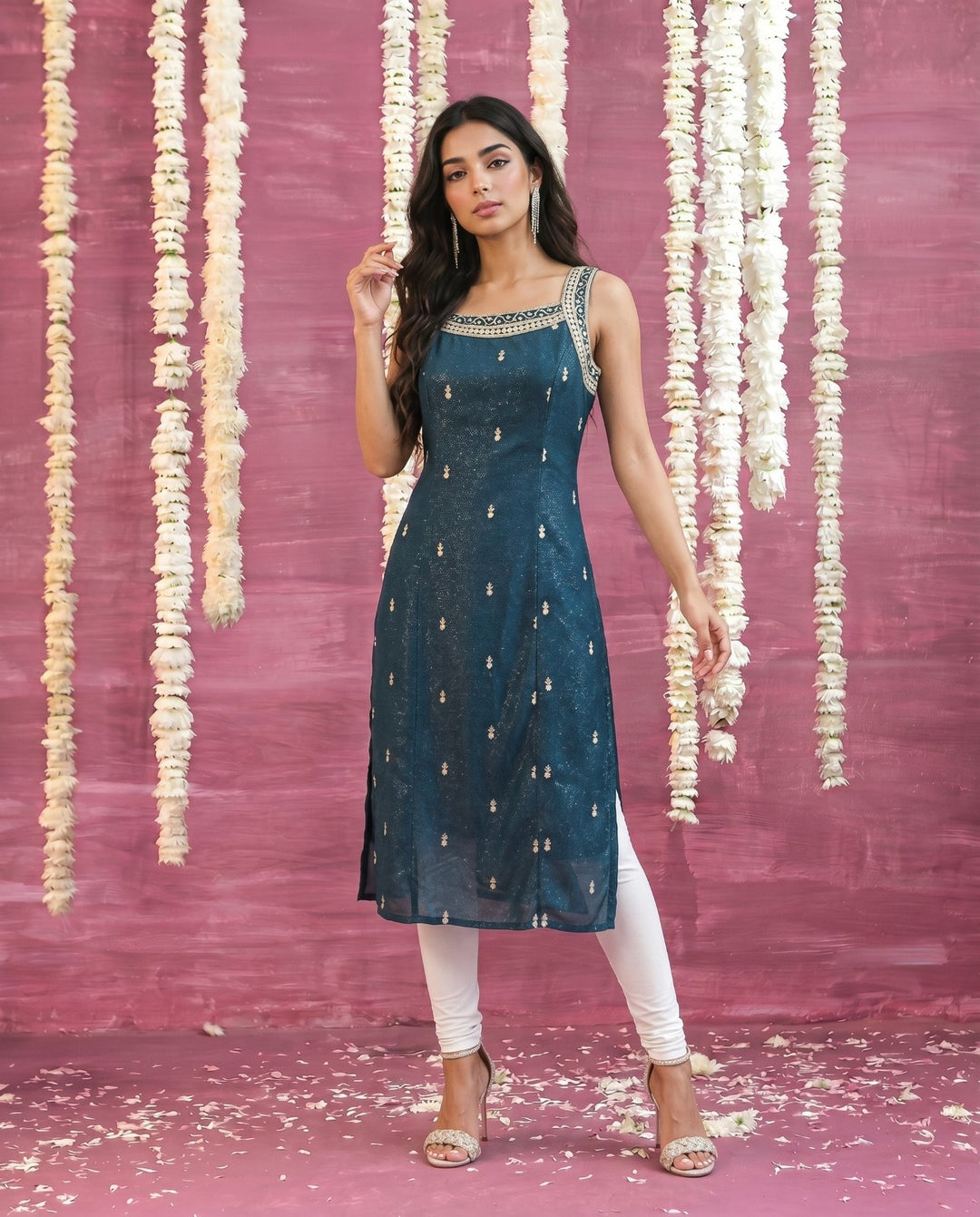 Turquoise Embroidered Viscose Blended Sleeveless Straight cut Long Kurta
