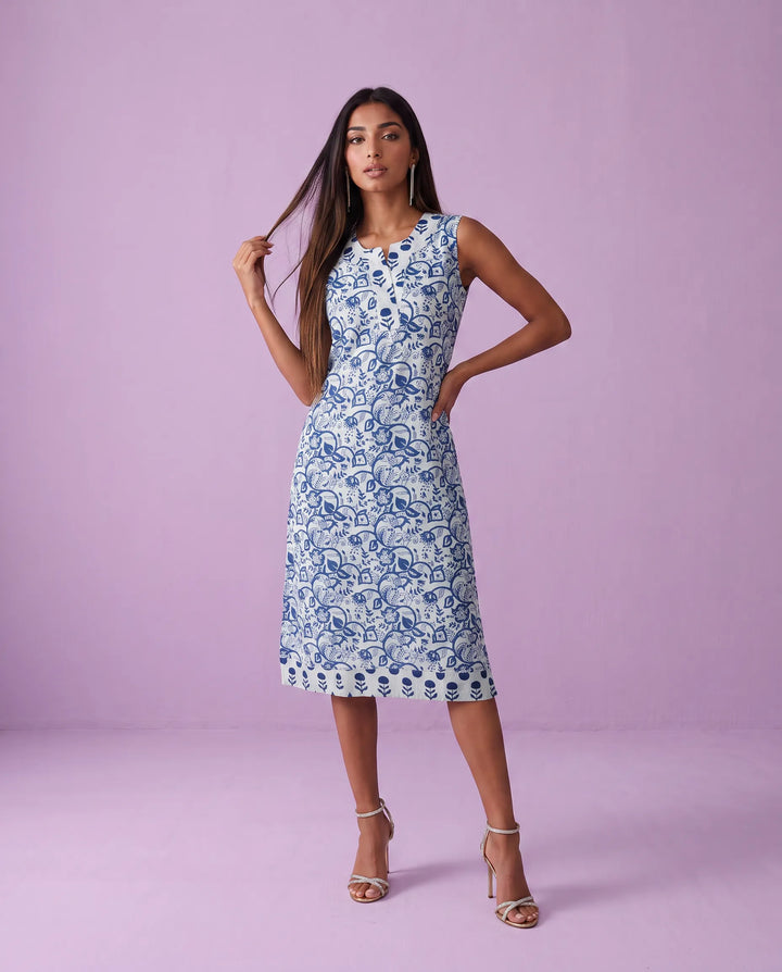 Blue Printed Pure Cotton Hand-Block Printed Midi Dress