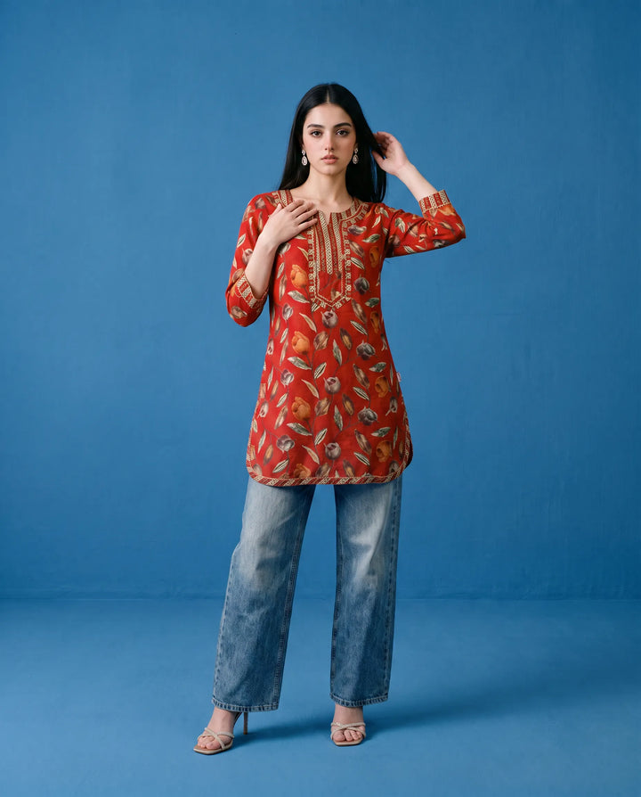 Red Printed Viscose Blended Short Kurti