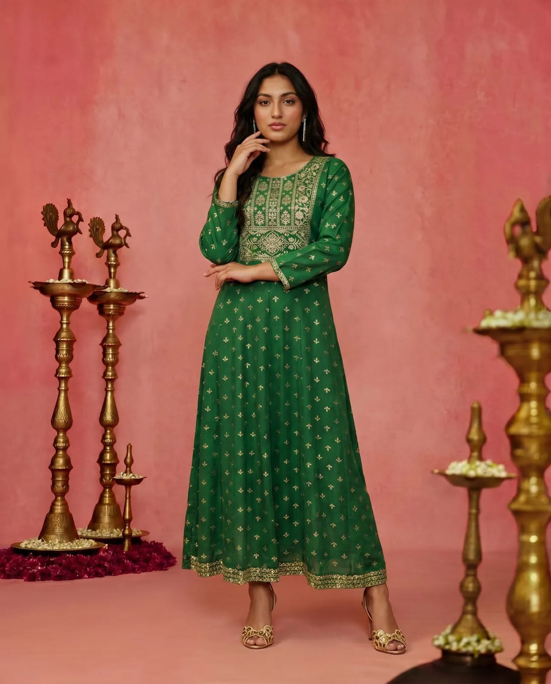 Green Embriodered Rayon Maxi Dress