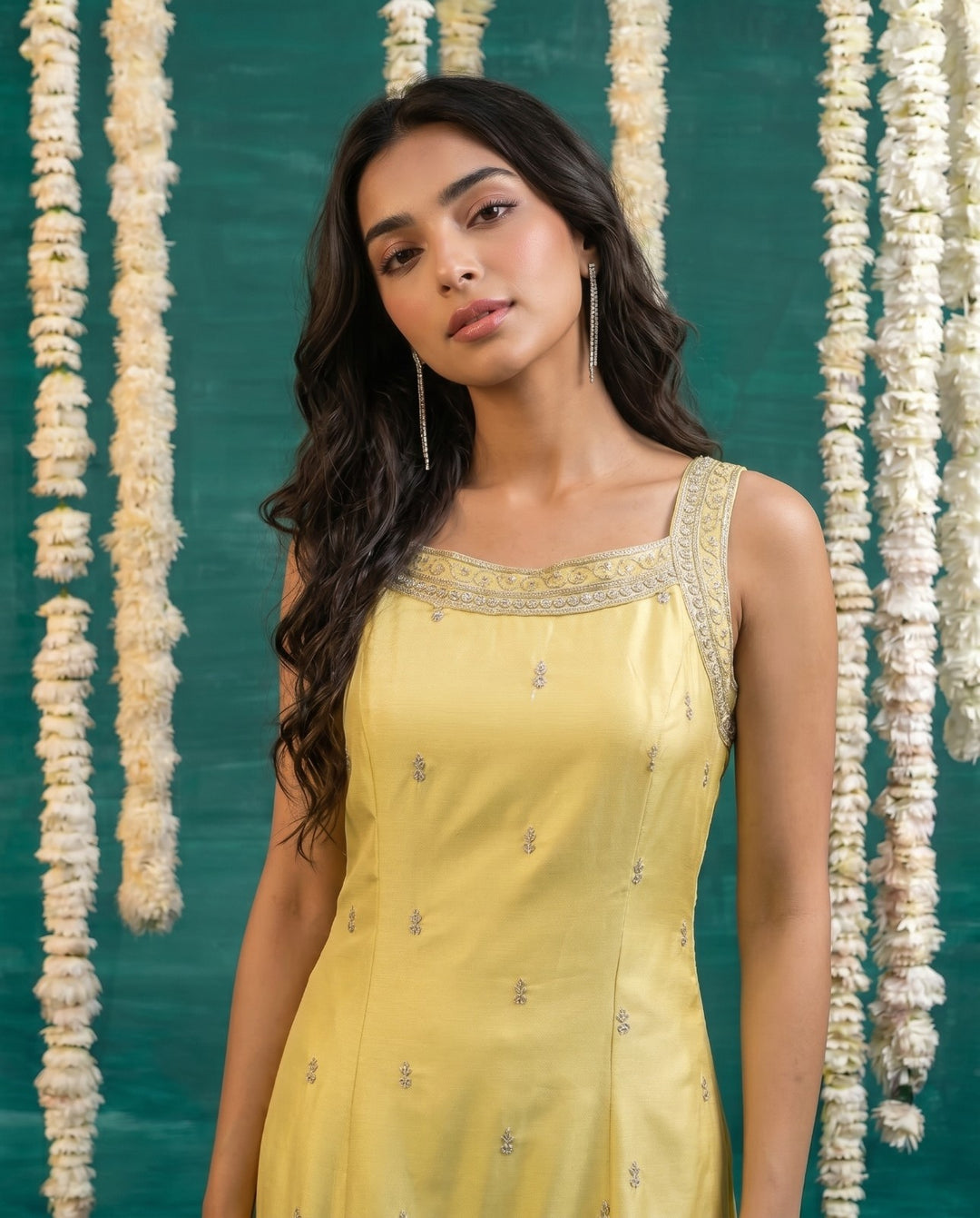 Yellow Embroidered Viscose Blended  Sleeveless Straight cut Long Kurta