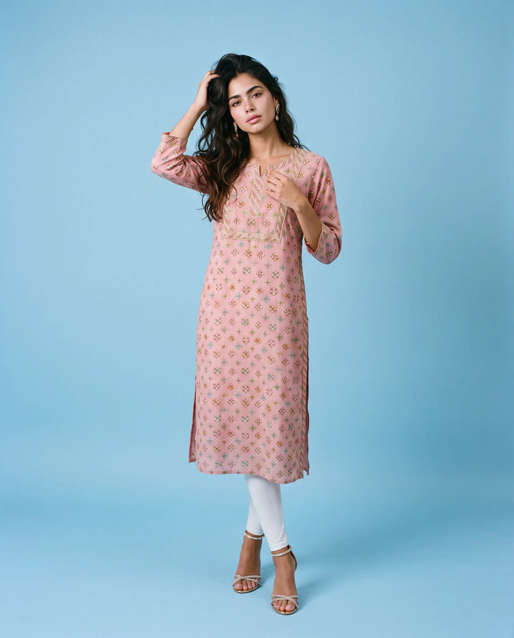 Pink Printed Viscose Blended Straight cut Long Kurta