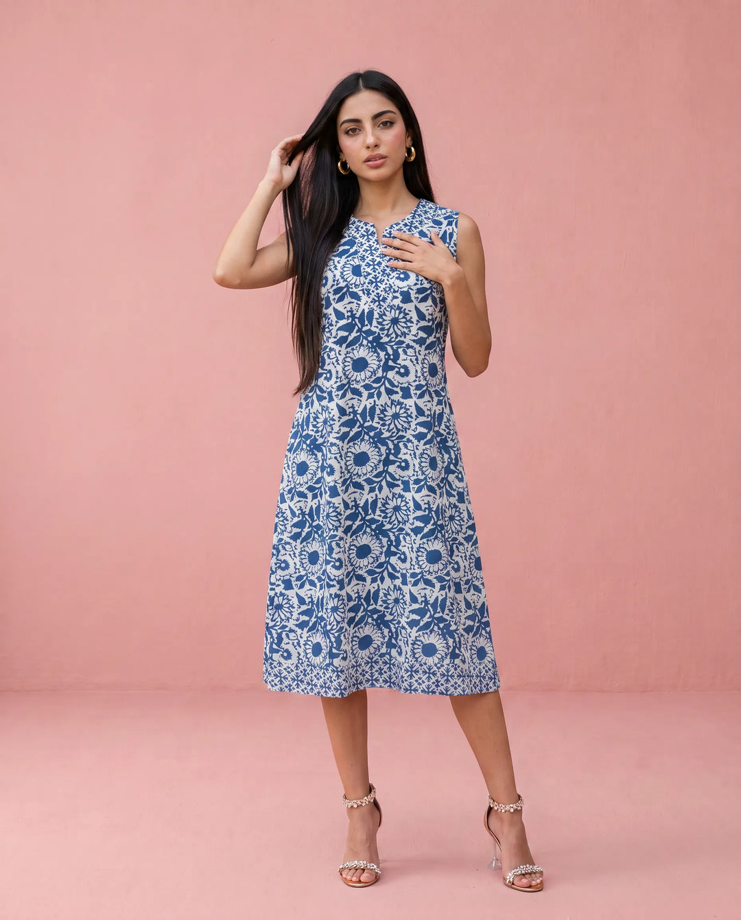 Blue Printed Pure Cotton Hand-Block Printed Midi Dress