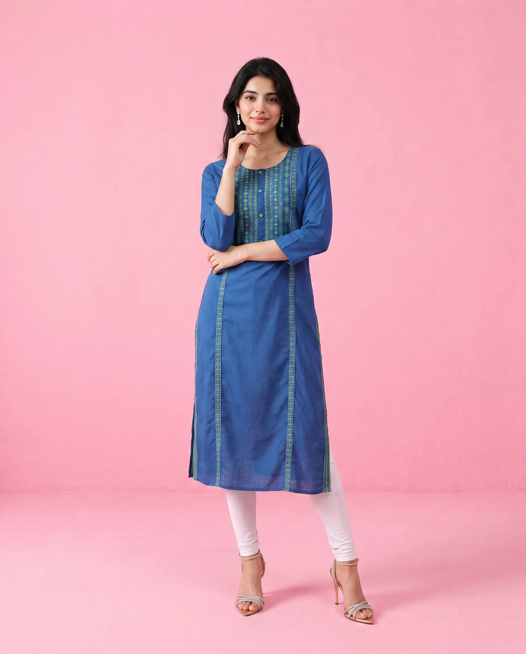 Navy Embroidered Rayon Straight Cut Long Kurta