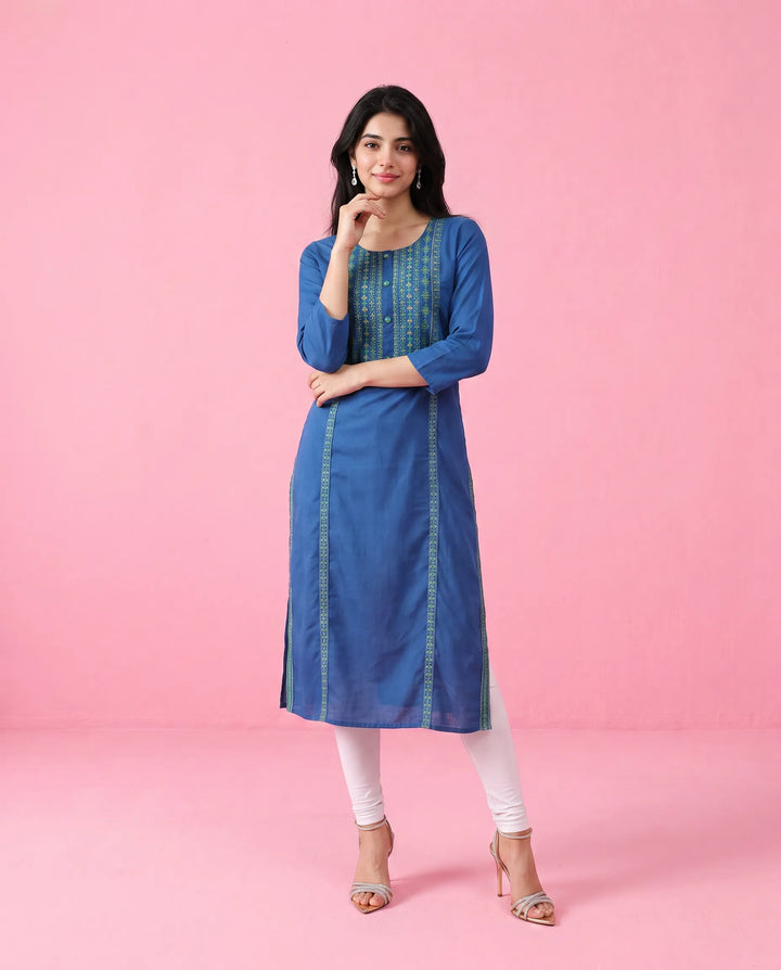 Navy Embroidered Rayon Straight Cut Long Kurta