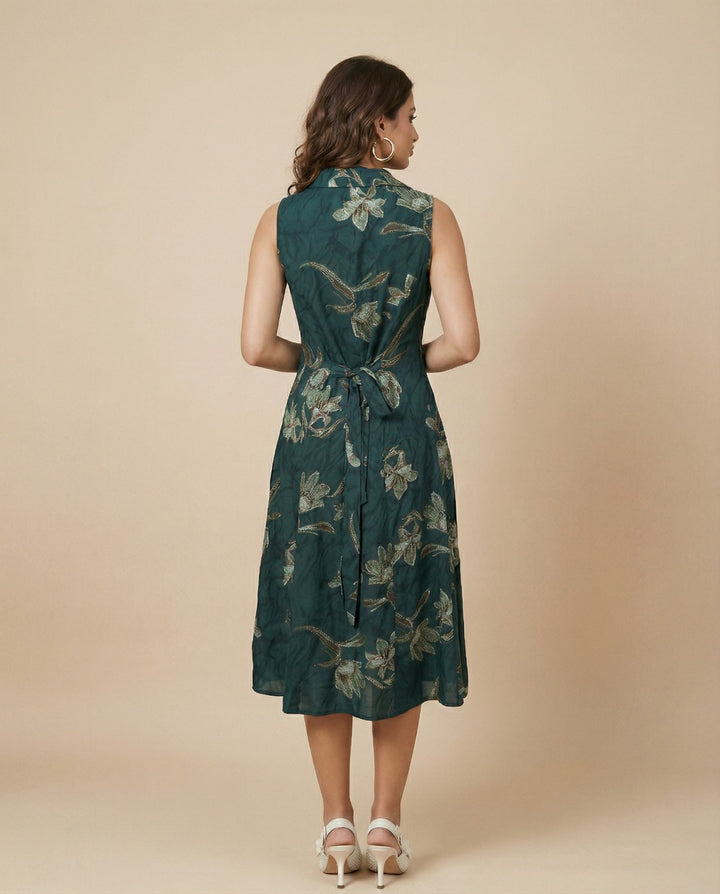 Green Printed Rayon Midi Dress