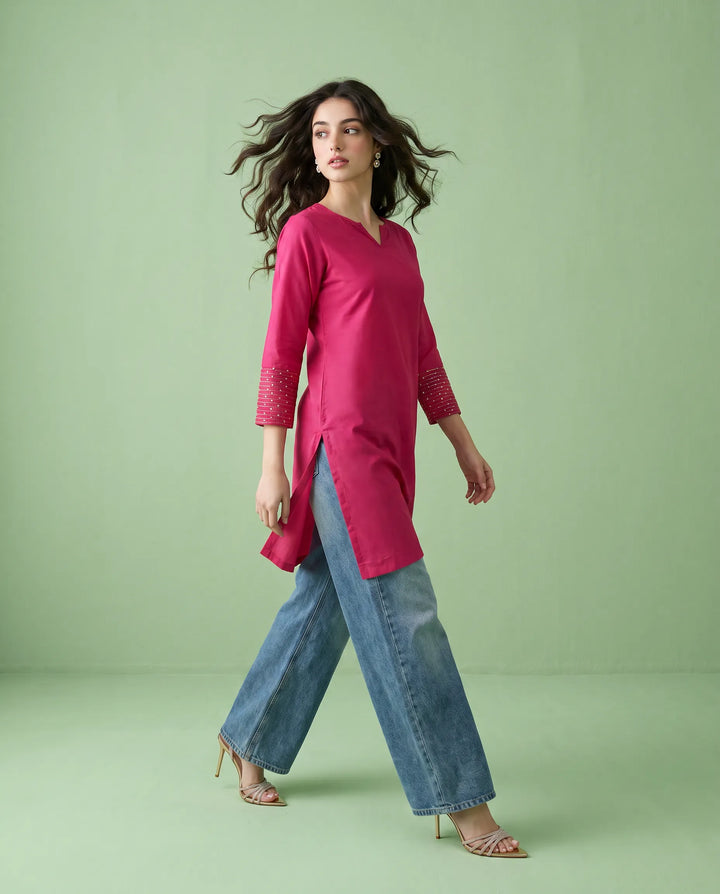 Magenta Embroidered Cotton Short Kurti