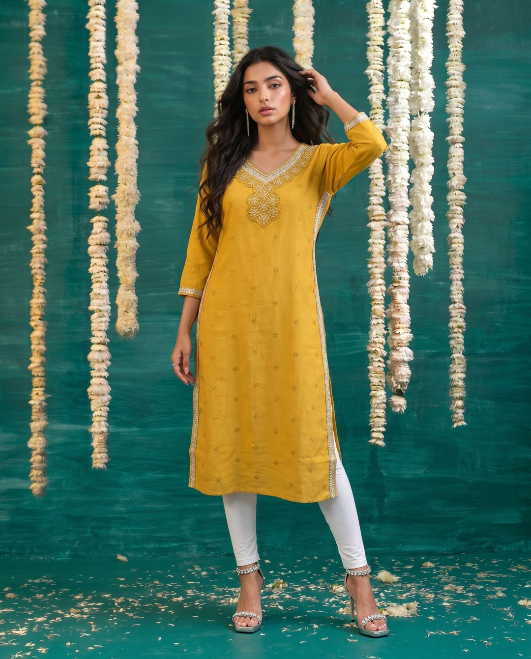 Mustard Embroidered Viscose Blended Straight cut Long Kurta