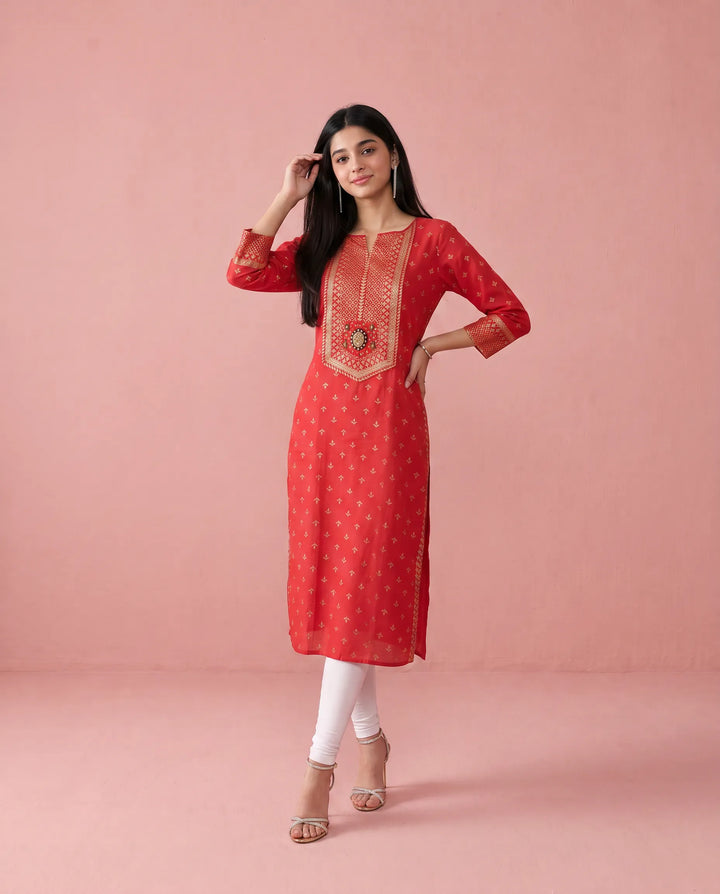 Red Printed Cotton Straight cut Long Kurta