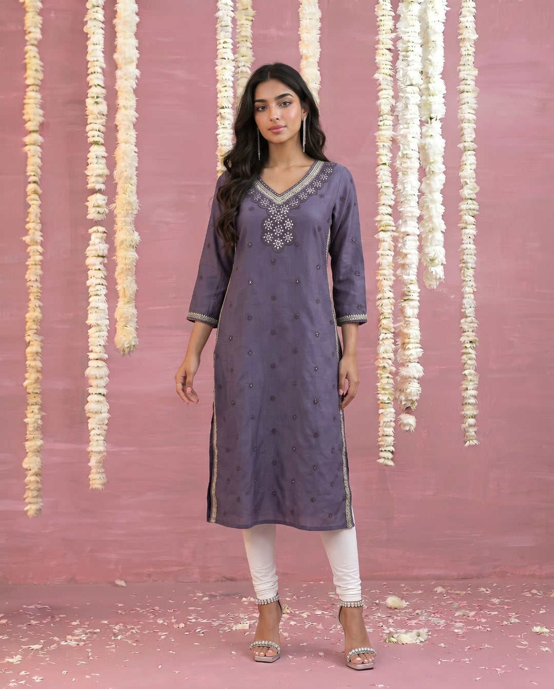 Purple Embroidered Viscose Blended Straight cut Long Kurta
