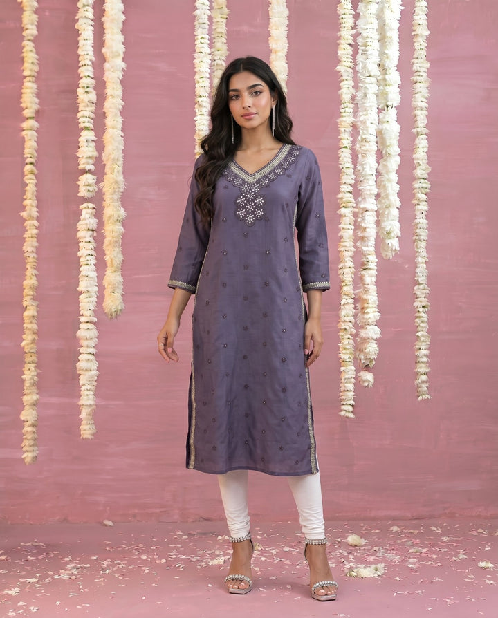 Purple Embroidered Viscose Blended Straight cut Long Kurta