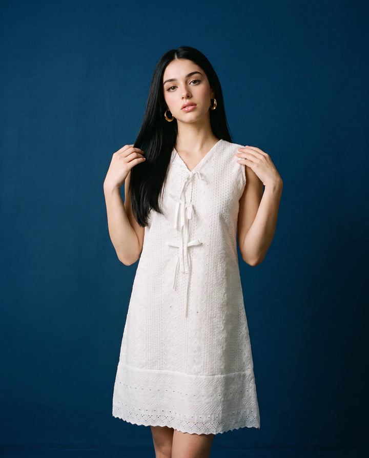 White Embroidered Korean Style Cotton Midi Dress