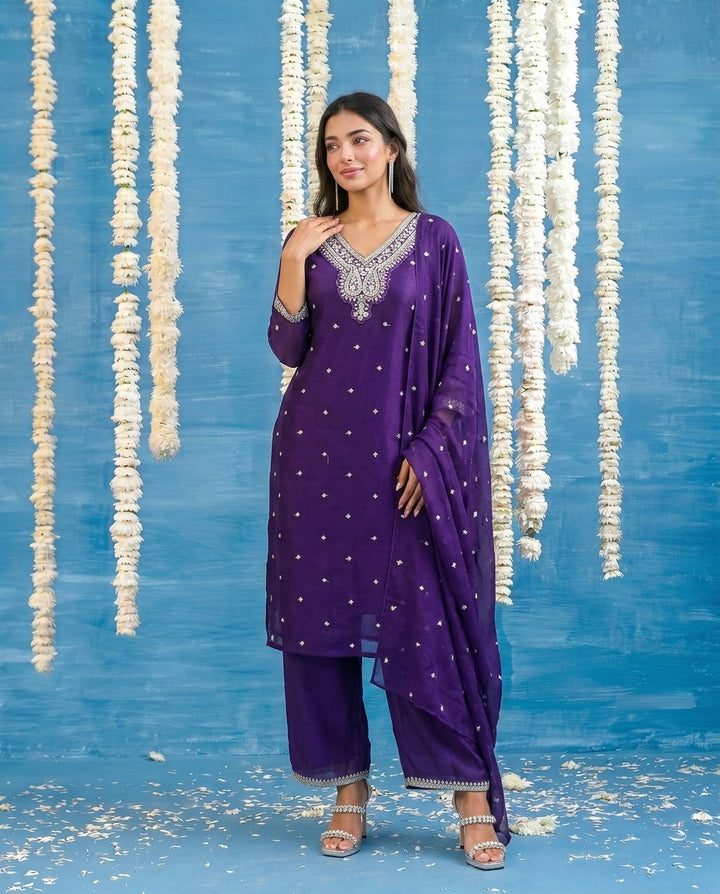 Purple Embriodered Silk Blended Kurta Bottom Dupatta Set