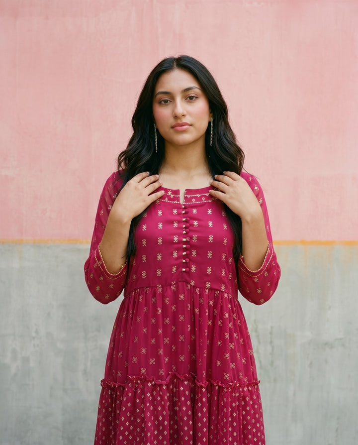 Pink Printed Georgette Maxi Dress