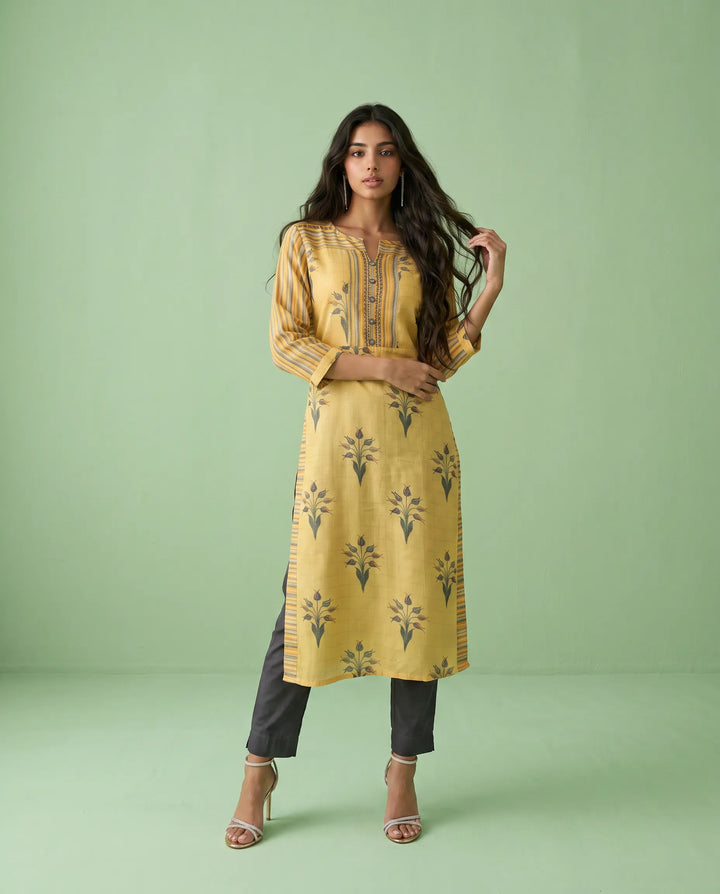 Yellow Printed Cotton Straight cut Long Kurta