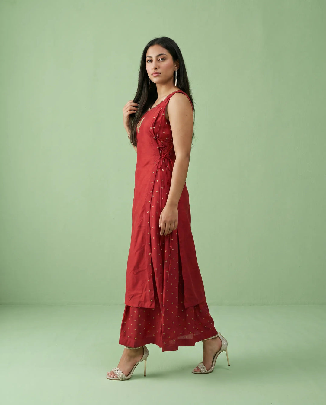 Maroon Printed Viscose Blended Sleeveless Maxi Dress