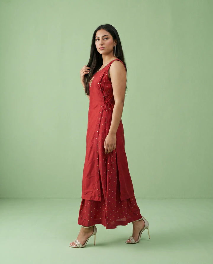 Maroon Printed Viscose Blended Sleeveless Maxi Dress