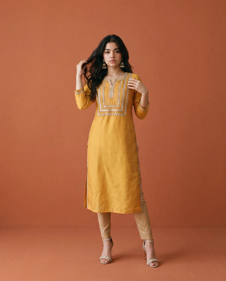 Yellow Printed Silk Blended Straight cut Long Kurta