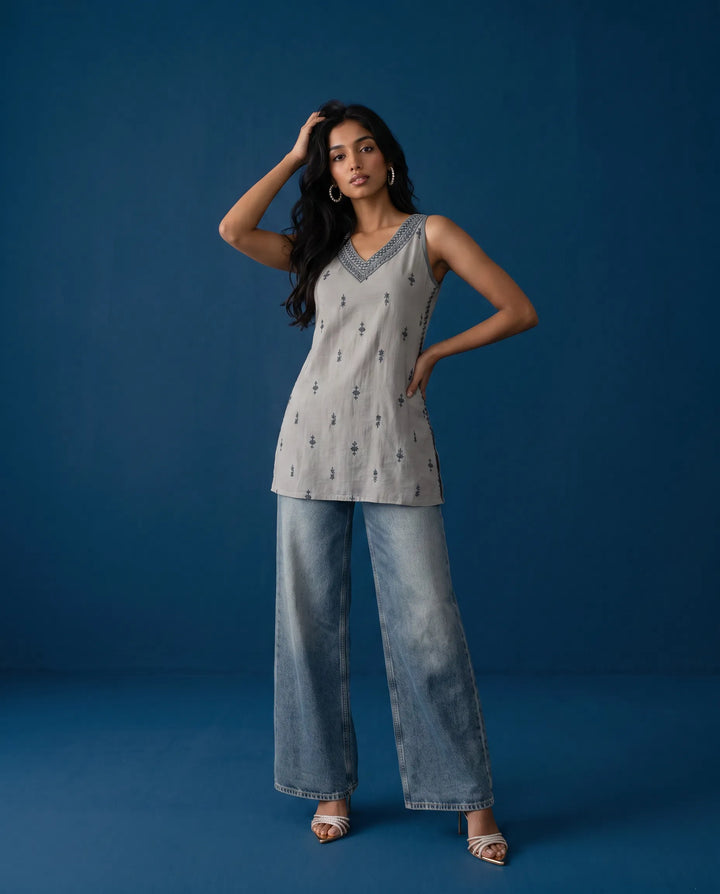 Grey Embroidered Cotton Blended Sleeveless Short Kurti