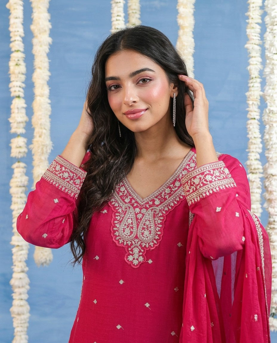 Magenta Embriodered Silk Blended Kurta Bottom Dupatta Set