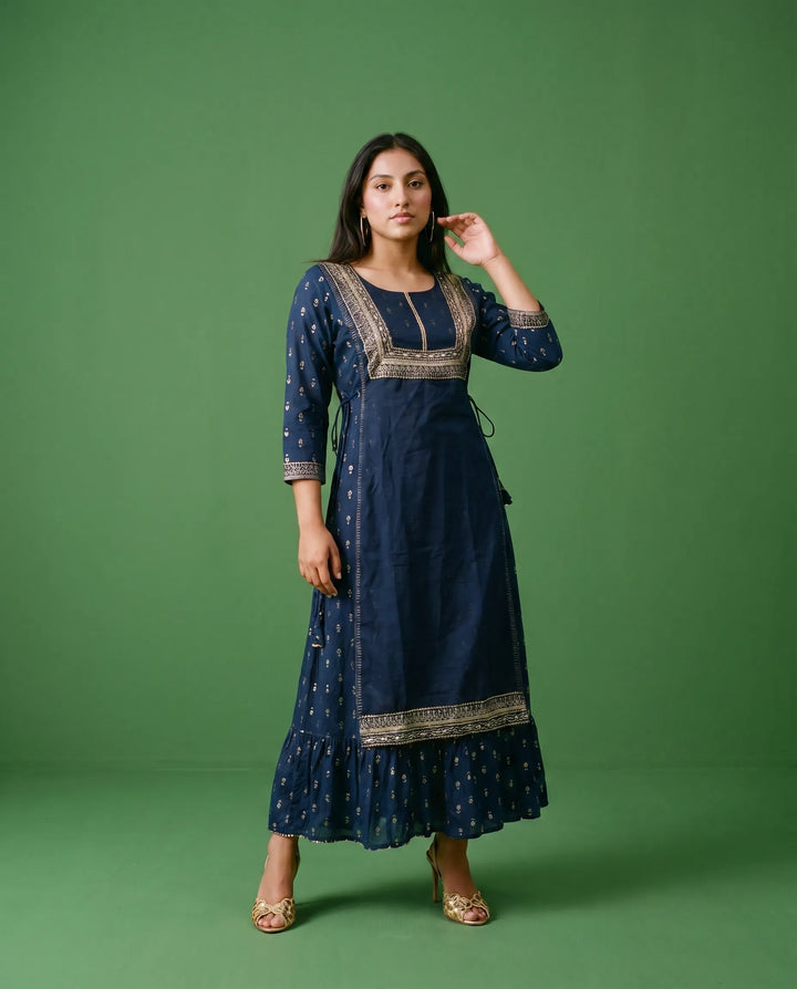 Navy Printed Viscose Blended Maxi Dress