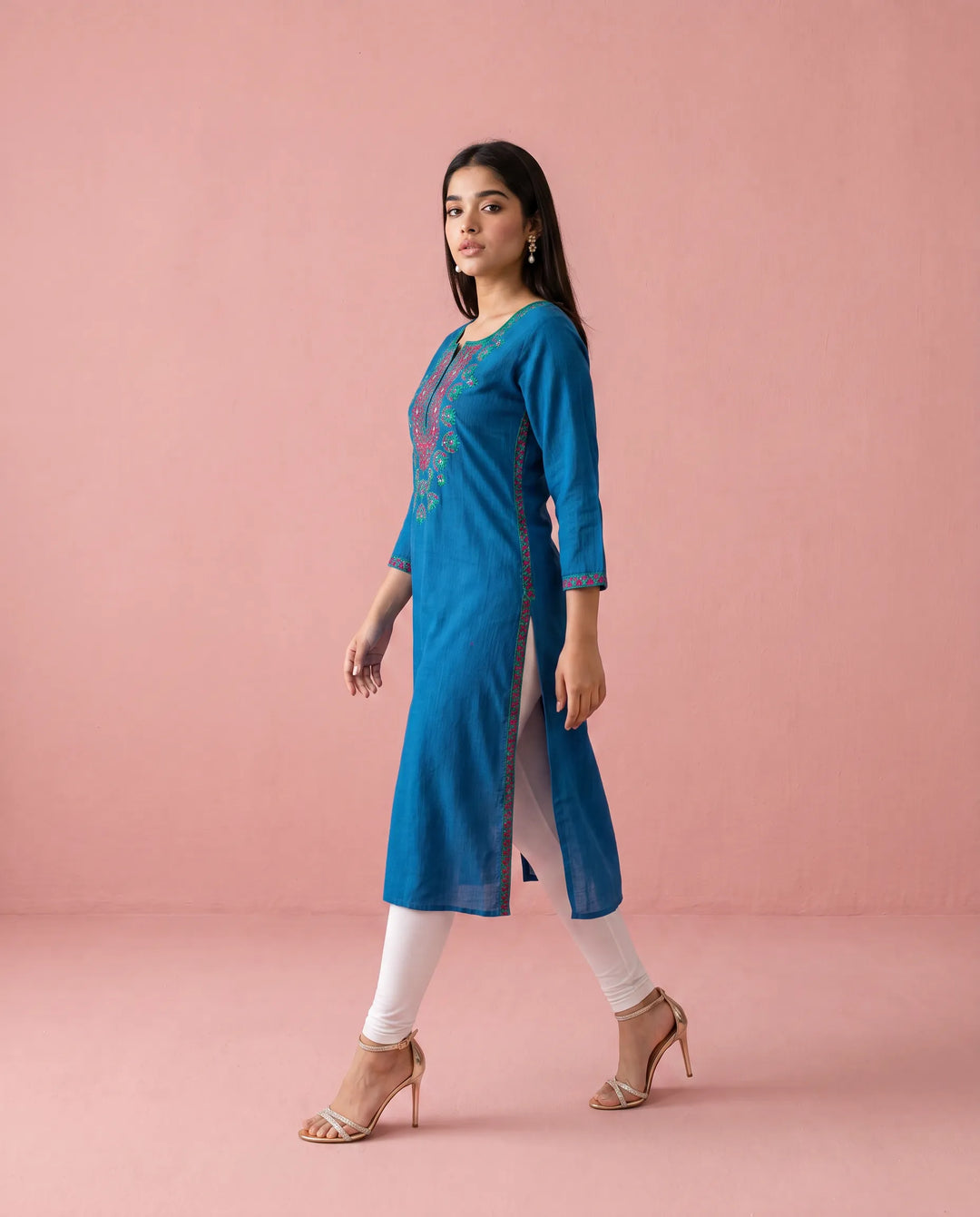 Navy Embroidered Cotton Straight cut Long Kurta