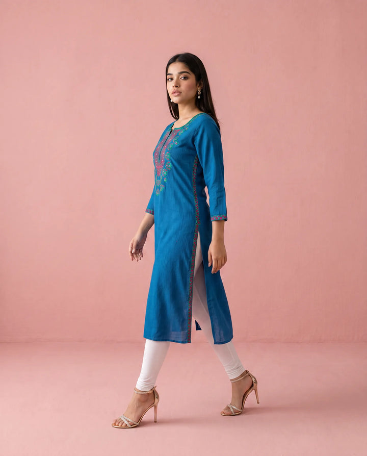 Navy Embroidered Cotton Straight cut Long Kurta