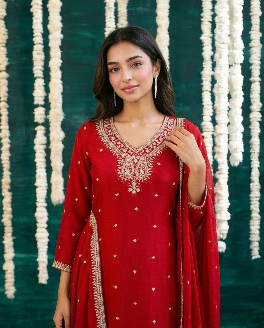 Red Embriodered Silk Blended Kurta Bottom Dupatta Set