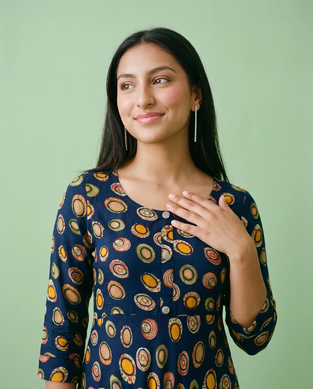 Navy Printed Rayon Maxi Dress