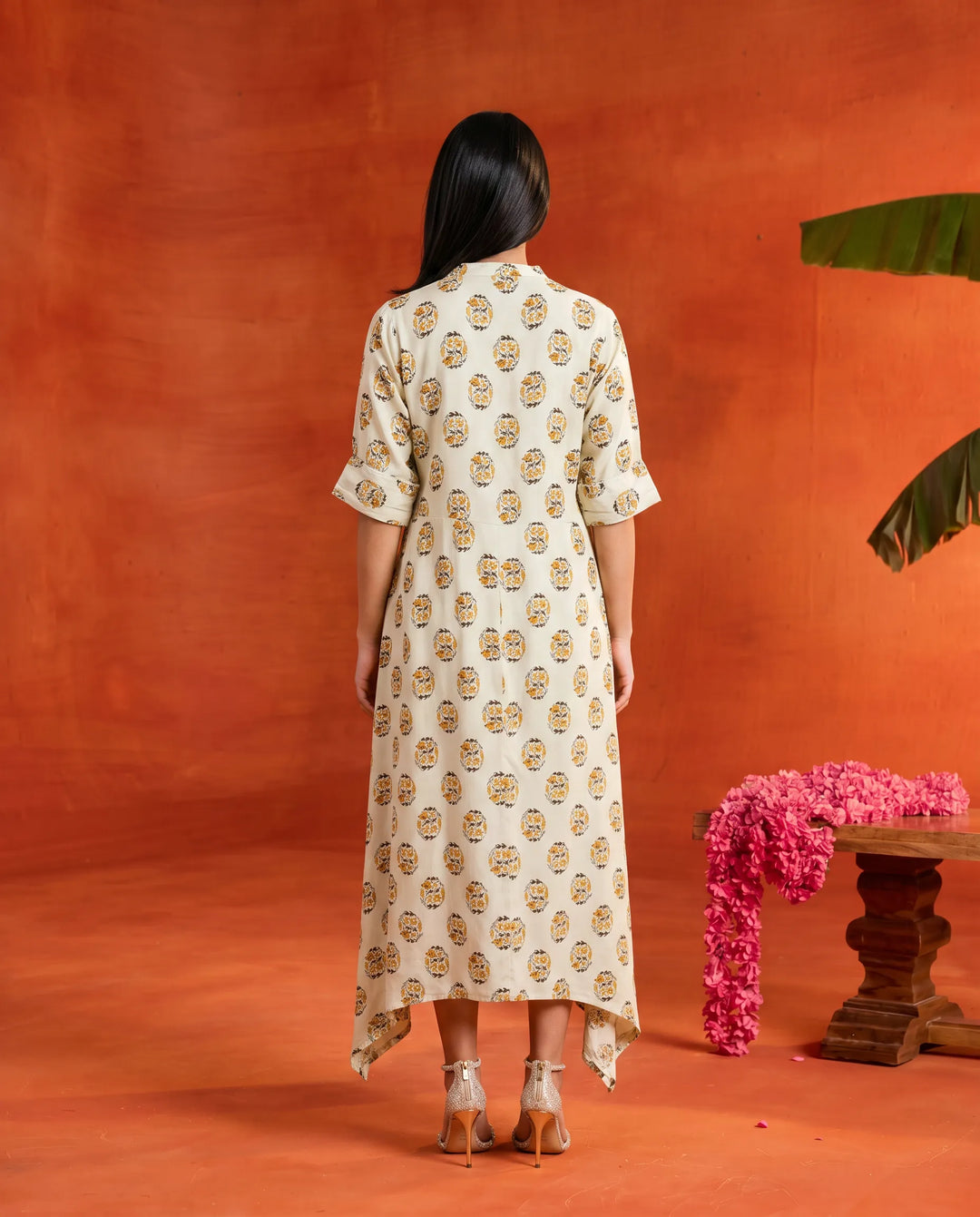 Beige Printed Rayon Maxi Dress