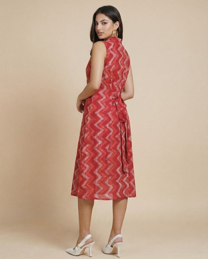 Red Printed Viscose Blended Midi Dress