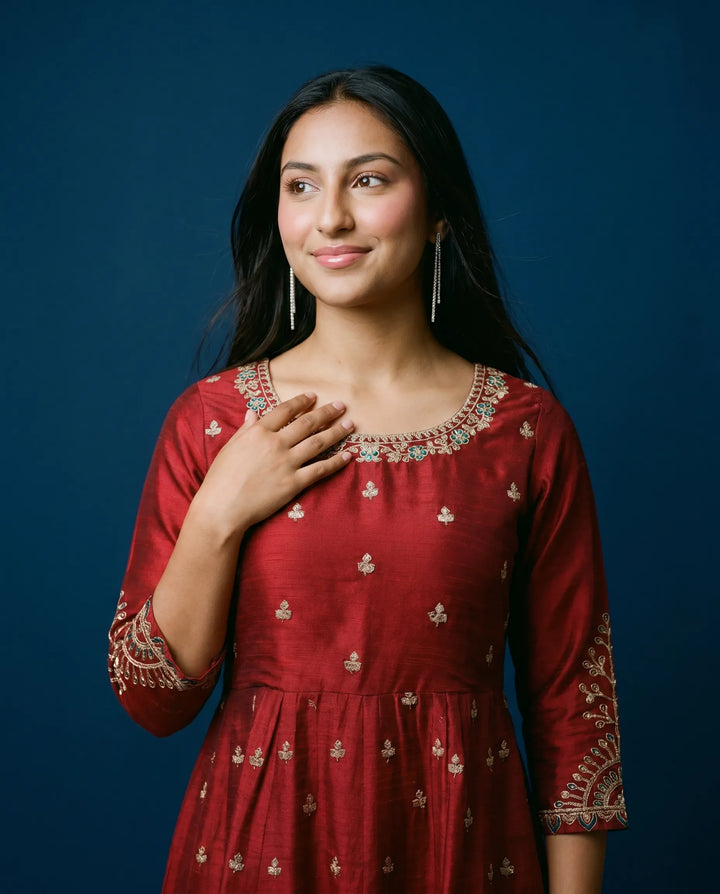 Maroon Embriodered Silk Blended Maxi Dress
