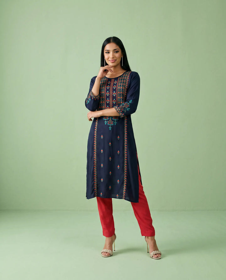 Navy Embroidered Rayon Straight cut Long Kurta