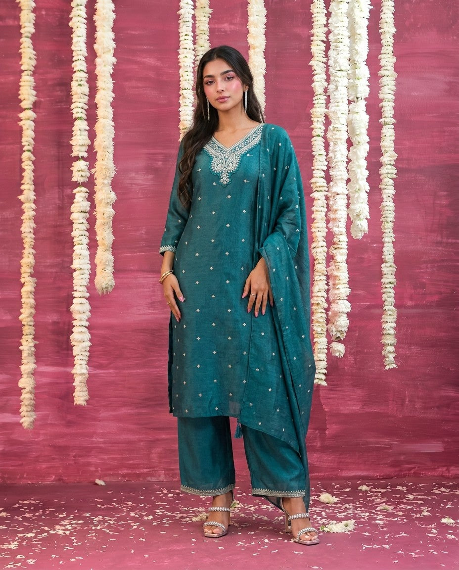 Bottle Green Embriodered Silk Blended Kurta Bottom Dupatta Set