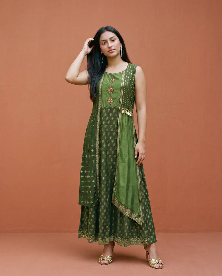 Green Printed Rayon Sleeveless Maxi Dress