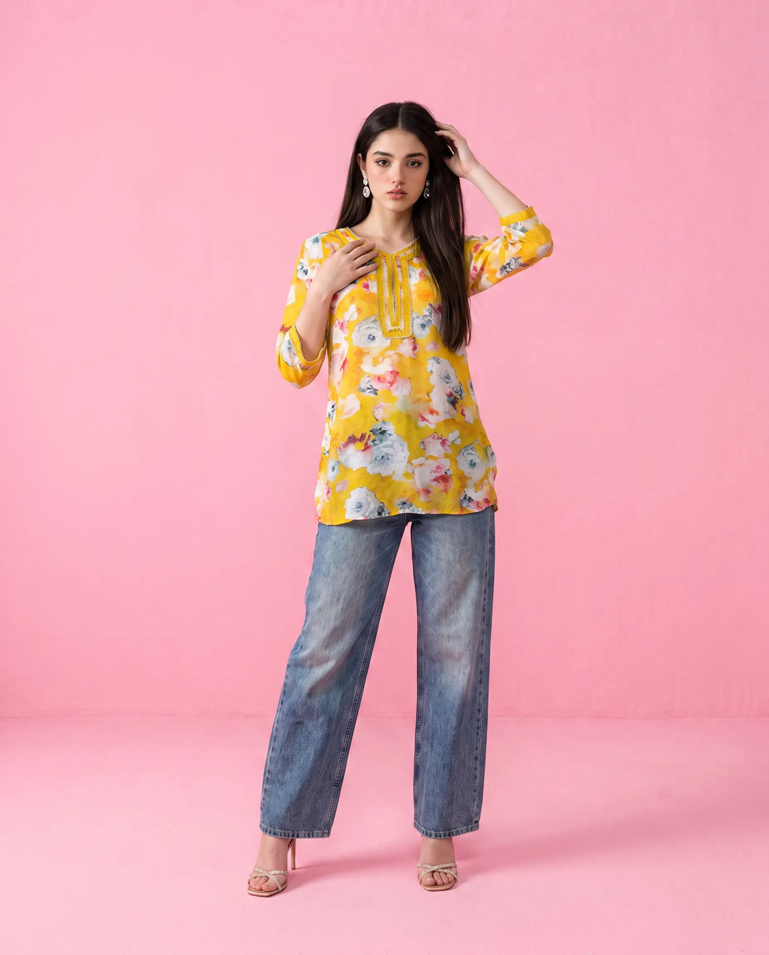 Yellow Printed Crepe Silk Short Kurti