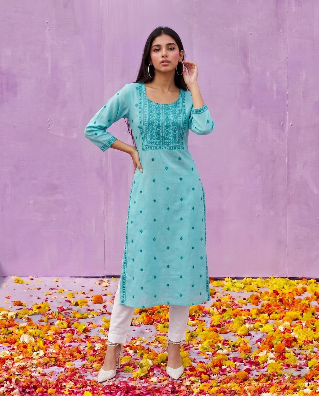 Sky Blue Embroidered Viscose Blended Straight cut Long Kurta