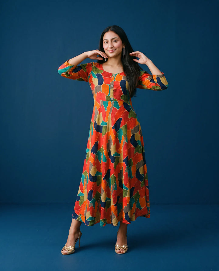 Multi Colour Printed Rayon Maxi Dress