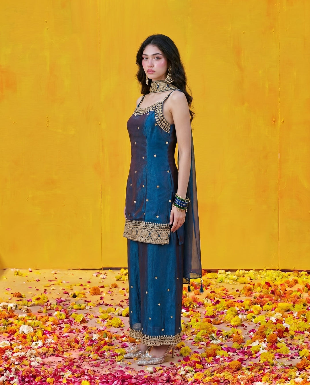 Navy Embriodered Silk Blended Spaghetti Strap Kurta Bottom Dupatta Set