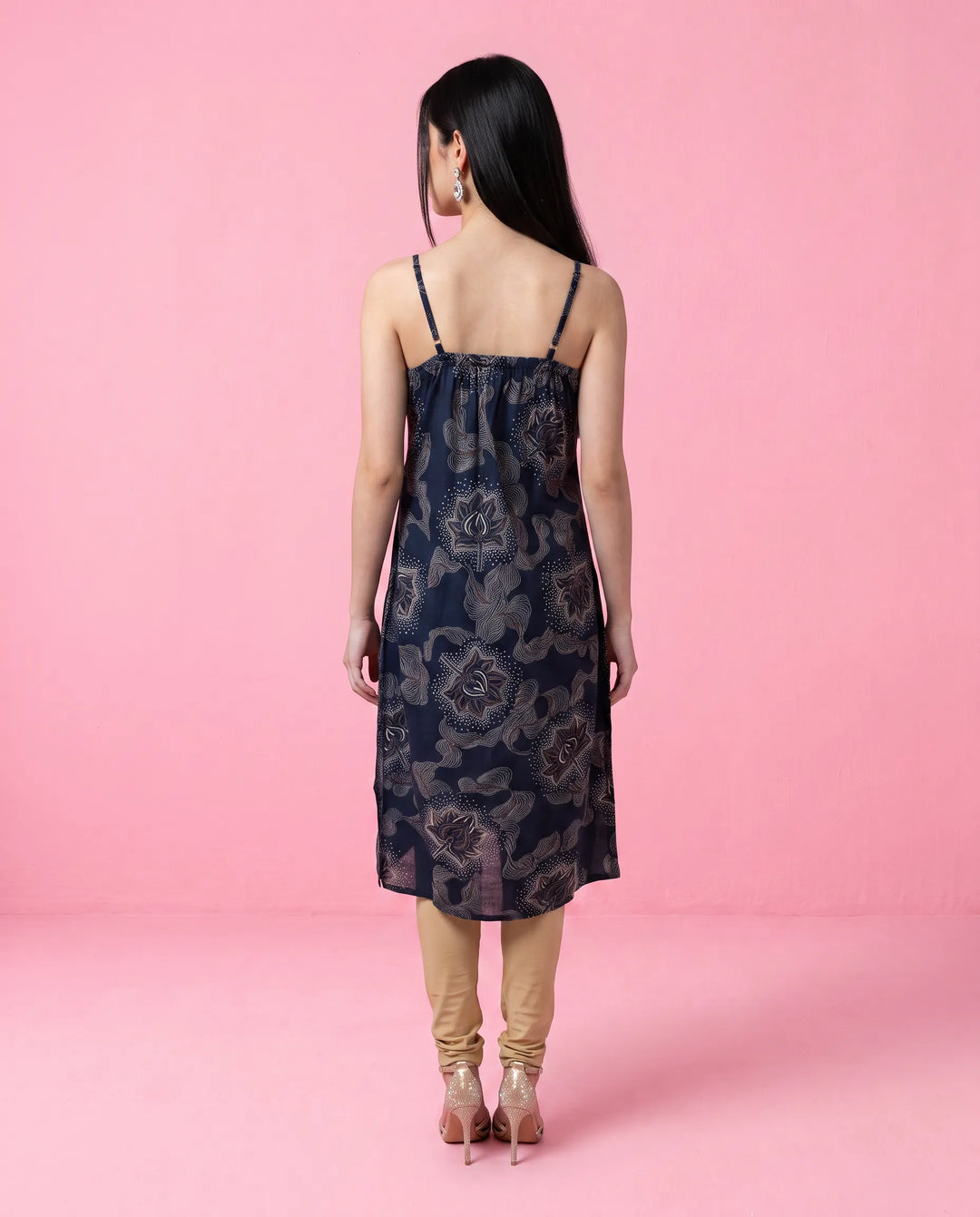 Navy Printed Viscose Blended Spaghetti Strap Straight Cut Long Kurta