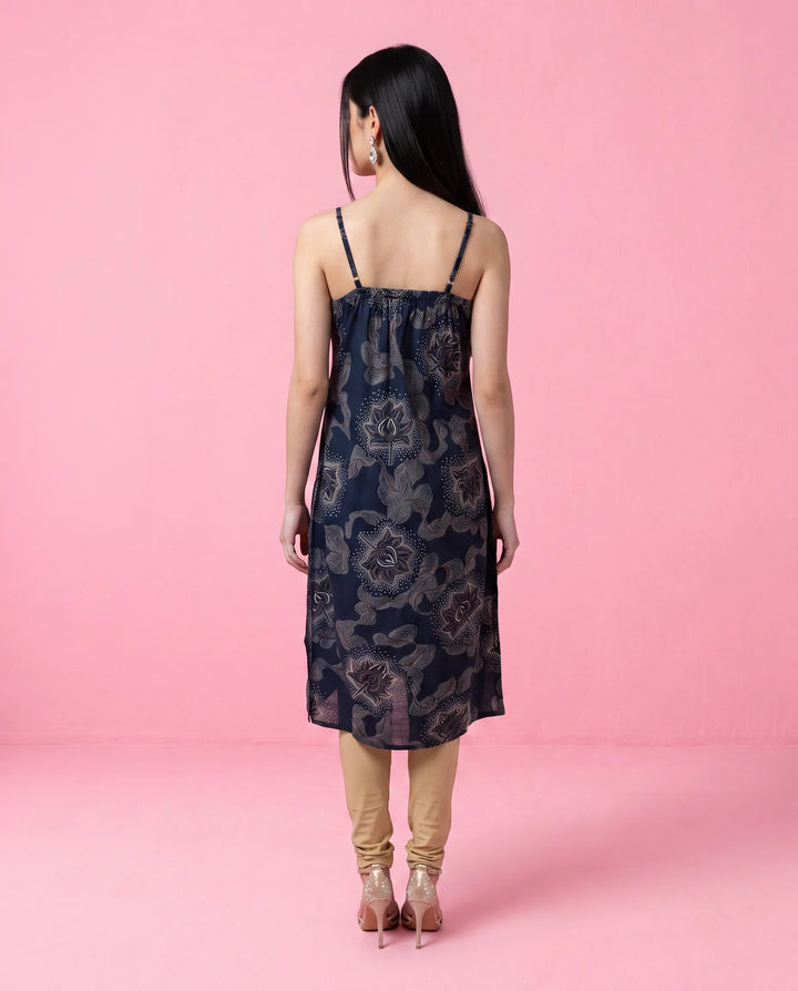 Navy Printed Viscose Blended Spaghetti Strap Straight Cut Long Kurta
