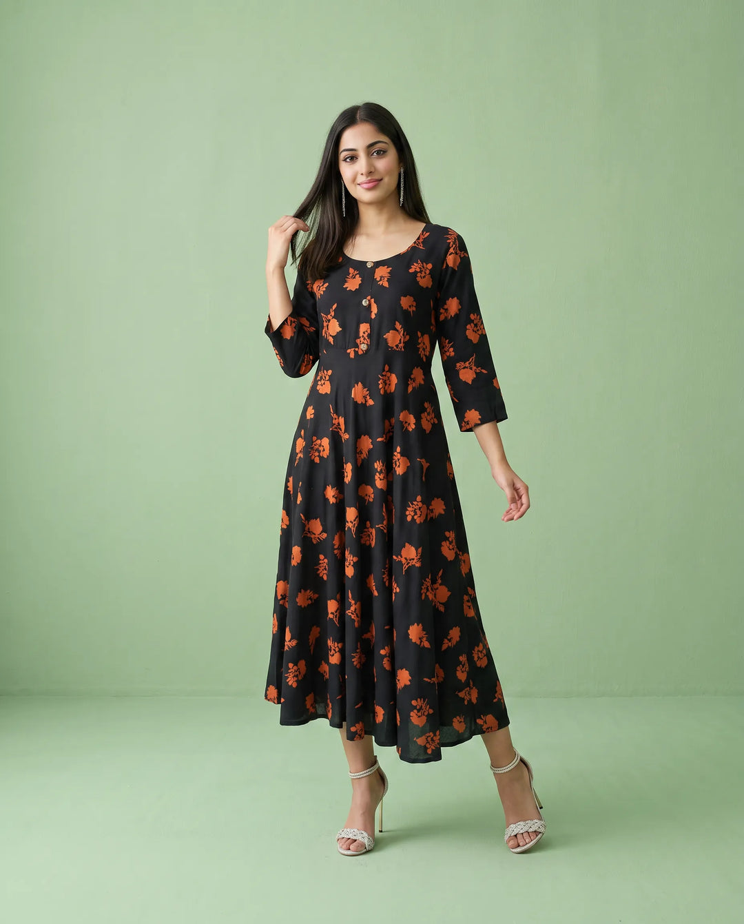Black Printed Rayon Maxi Dress