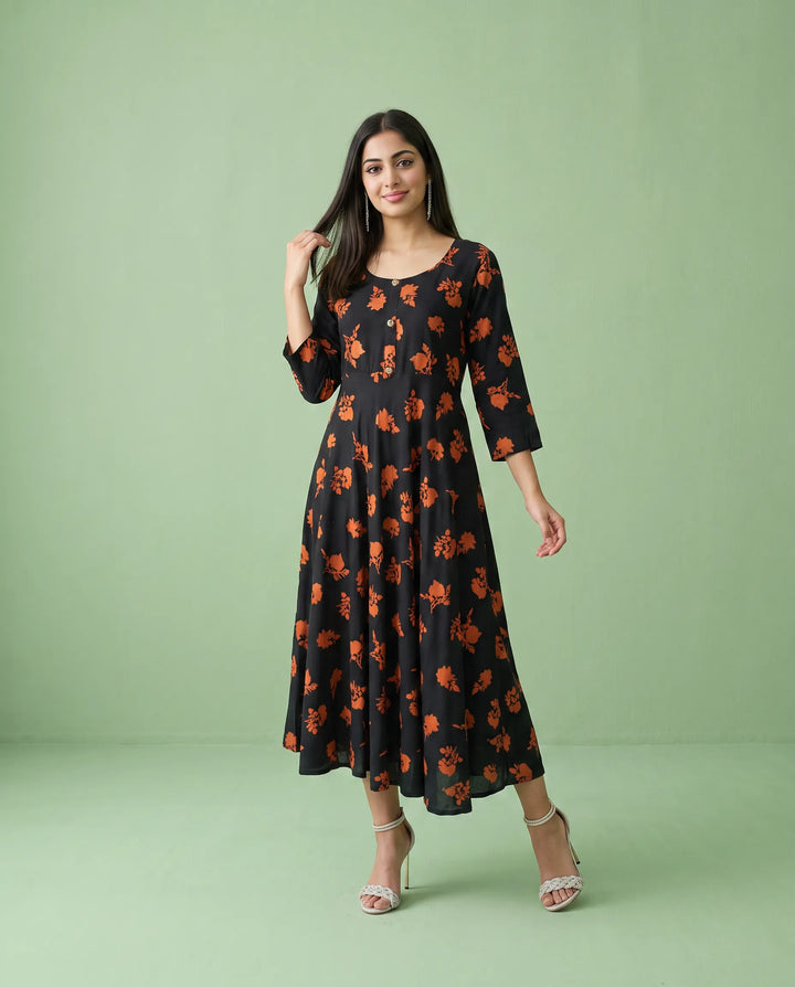Black Printed Rayon Maxi Dress