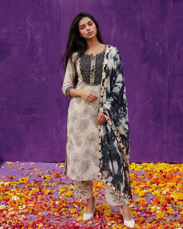 White Printed Cotton Kurta Bottom Dupatta Set