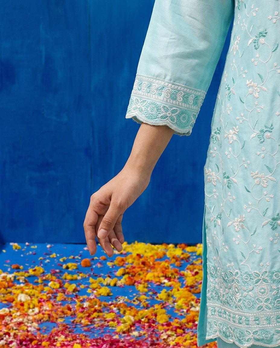 Sky Blue Embriodered Cotton Satin Co-Ord Set