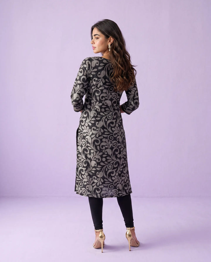 Black Printed Viscose Blended Straight cut Long Kurta