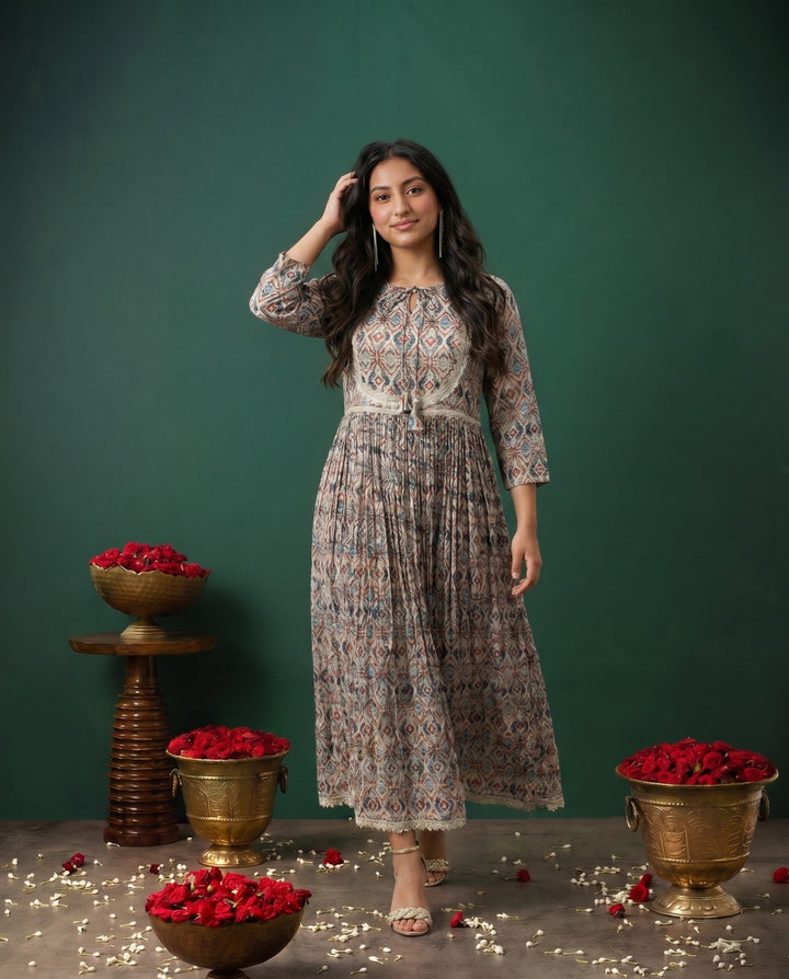Multi-Colour Printed Silk Blended Maxi Dress